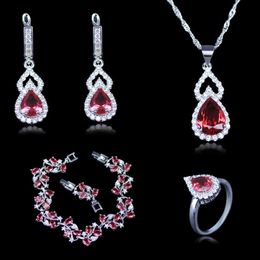 Distinctive Rose Red Created Garnet 4PCS Jewellery Set Silver Colour Earring Ring Necklace Pendant Bracelet Christmas gift H1022