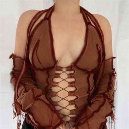 Women T-Shirt Backless Halter Ribbed Tie Front Top Long Sleeve Cut Out Lace Up Patchwork Sexy Ladies Bodycon Clothing 210522