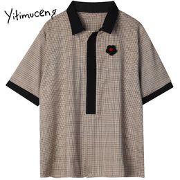 Yitimuceng Plaid Blouse Women Vintage Shirts Loose Summer Fashion Short Sleeve Turn-down Collar Single Breasted Tops 210601