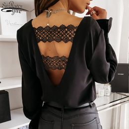 Hollow Lace Stitching Shirt Fashion Sexy Spring and Autumn Long-sleeve V-neck Back Korean Office White Blouse Chic 12460 210427