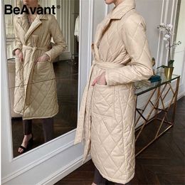 BeAvant Long straight coat with rhombus pattern Casual sashe winter parka Deep pockets tailored collar stylish outerwear 211013