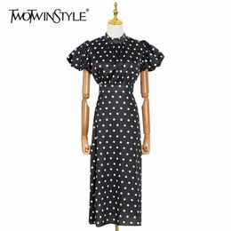 Black Dot Print Dress For Women Stand Collar Lantern Short Sleeve High Waist Vintage Midi Dresses Female Style 210520