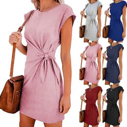 Maternity Short Sleeve Fashion Round Collar Mini T Shirt Dress Solid Color Casual Streetwear Cotton Summer Waist Bandage Dress Q0713