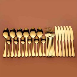 Gold Tableware Forks Knives Spoons Stainless Steel Golden Cutlery Set Silverware 24 Pcs Complete 210804