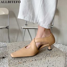ALLBITEFO square toe soft genuine leather spring fashion sexy women heels shoes summer women sandals party wedding shoes 210611