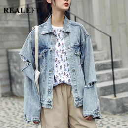 Autumn Winter Women's Denim Jacket Outerwear High Street Fashionable Korean Style Hole Jeans Pockets Lady 210428