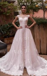 2022 Capped Sleeves A Line Wedding Gowns with Detachable Train Sheer Neck Lace Appliques Beach Bridal Dress Robe De Mariée