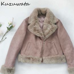 Kuzuwata Japan Style Double Pockets Woman Jacket Autumn Winter Sweet Vintage Coat Warm Faux Chammy Zip Motorcycle Clothes 220118