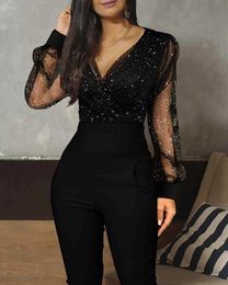 Women Fashion Sheer Mesh Long Sleeve Jumpsuits Outfit V Neck Glitter Ruched Wrap Jumpsuit 210716