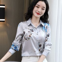 Korean Women Silk Shirts Blouses Woman Leopard Print Long Sleeve Shirt Tops Plus Size Satin Floral Blouse Top 210427