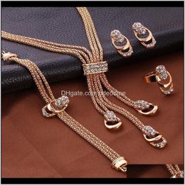 Wedding Drop Delivery 2021 Rose Gold Crystal Necklace Earring Bracelet Ring Set Rhinestone Party Dress Jewellery Sets For Women Bijoux Femme En