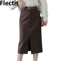 Flectit Women Wool Pencil Skirt With Belt Front Split High Waist Midi Length Warm Skirt Autumn Winter Ladies Outfits * 211120