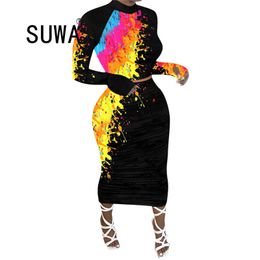 Wholesale Galaxy Paint Print Long Sleeve Crop Top Bodycon Midi Skirts Suit Women Clothing Set Sexy Club Party Pencil Dress 210525