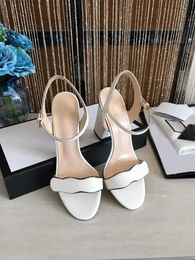 European classic luxury sandal slipper goods style ladies designer decoration high chunky heeled sexy shoes leather genuine gold letter belt buckle