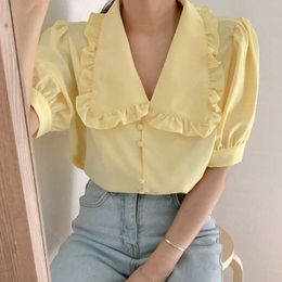Korean Chic Sweet Solid Woman Shirt Short Sleeve Blusas Turn-down Collar Chiffon Tops Casual Female Fashion Ladies Blouses 14142 210527