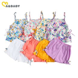 1-5Y Summer Flower Toddler Kid Child Girls Clothes Set Beach Holiday Travel Costumes Floral Vest Bow Pants Outfits 210515