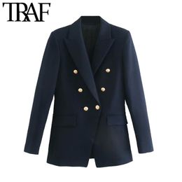 TRAF Women Fashion With Metal Buttons Blazers Coat Vintage Long Sleeve Back Vents Female Outerwear Chic Tops 211019
