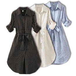 Striped Women Dress Tunic Long Sleeve Elegant Shirt Dress Blue White Black Spring Summer Ladies Casual Stripe Mini Dresses 210322