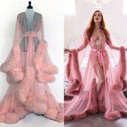 Fashion Sleepwear Bathrobe Women's Feather Bath Gown Tulle Illusion Long Bridal Robe Wedding Nightgown