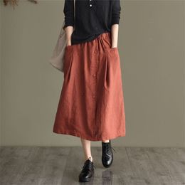 Spring Autumn Arts Style Women Elastic Waist Loose A-line Long Skirt Double-breasted Cotton Linen Casual Skirts M505 210512