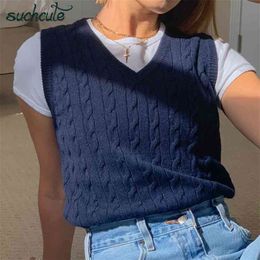 SUCHCUTE e girl Sweater Vest women jumper V Neck pullover Knitted Vests Women y2k Preppy Style Crop Top Autumn solid outfit 210819