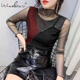 Spring Mesh T-shirt Women Colour Block Patchwork Shiny T shirt Tops Diamonds Mock Neck Long Sleeve Slim T02405B 210421