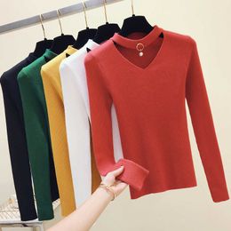 Basic Sweater Women Pullover Knitted Long Sleeve Sexy V-Neck Women Sweaters Top Autumn Winter Soft Elasticity Pull Femme Black 210604