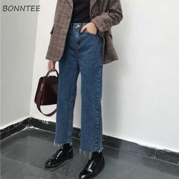 Jeans Denim Solid Tassel Lady Elegant Wide Leg Pant Ankle-length High Waist Womens Trousers Large Size Bottoms Basic Classic H0908