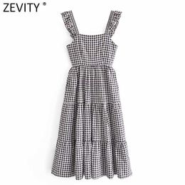 Zevity Women Fashion Plaid Print Casual Pleats Ruffles Sling Dress Female Chic Backless Bow Tied Boho Midi Vestido DS8506 210603
