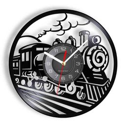 Old Train Vinyl Record Wall Clock For Bedroom Transportation Art Locomotive Home Decor Steam Engine Vintage Album Crafts Clock H1230