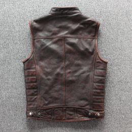 Men's Vests 2021 Vintage Brown Men Motorcycle Leather Vest Plus Size 4XL Genuine Cowhide Spring Slim Fit Biker's Natural Coat