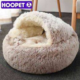 HOOPET Cat Bed Round Cat Nest Puppy Cave Long Plush Pet Bed Warm Cats Bed 2-In-1 Cat Cushion Sleeping Sofa 210722