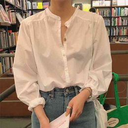O-neck Cardigan Casual Korean Style Loose White Shirt Female Spring Autumn Puff Sleeve Blouse Women Splicing Tops 12289 210427
