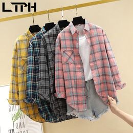 loose plaid vintage blouses for women tops Plus Size Clothes casual all-match Long Sleeve outerwear shirts spring 210427