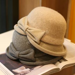 japan style Retro British winter warm wool blended bowknot cloth brim lady bucket cap women leisure hat