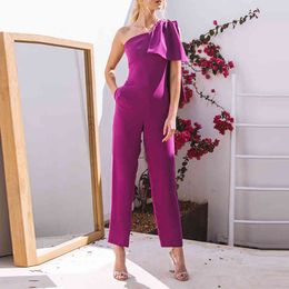 Summer Solid Elegant One-Shoulder Asymmetric Bow Decoration Simple and Capable Bodycon Jumpsuit Rompers Women 210521