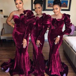 African Burgundy Mermaid Bridesmaid Dresses Plus Size One Shoulder Ruffles Prom Gowns Sheer Neck Beaded Wedding Guest Dress Maid of Honour Gown