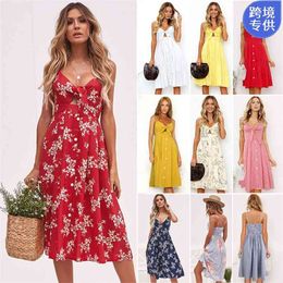 Summer Dress Women Knee-Length Decollete V-neck Boho Backless A-Line Midi Striped Floral Print Lace-Up Hollow Robes 210517