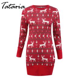 Tataria Women's Red Christmas Sweaters Dress Women Winter Thicken Knitted Dresses Female Knitting Pullovers 210514