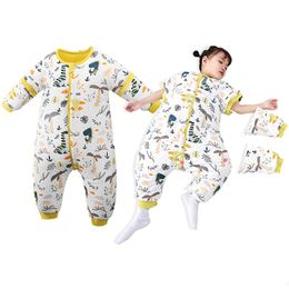 Winter Baby Sleeping Bag 6M-5T Kids Cotton Cartoon Pyjamas Detachable Sleeve Sleepsack Toddler Boys Girl Split Leg Sleepwear 220225