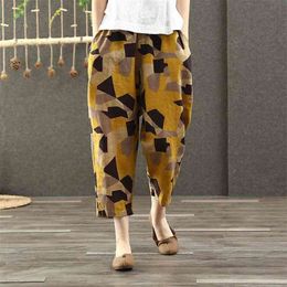 Spring Summer Women Pants Plus Size Elastic Waist Geometric Cotton Linen Harem Vintage print Loose Wide Leg D44 210512