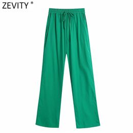 Zevity Women Solid Green Colour Back Pocket Patch Casual Straight Pants Female Chic Elastic Waist Summer Long Trousers P1139 210925