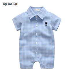 Top and Summer Short Sleeve Baby Rompers Gentleman Plaid Jumpsuit For Toddler Infant Casual Boy Clothes 0-24 Months 210816