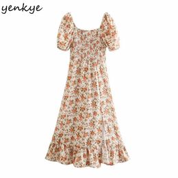 Holiday Summer Dress Women Vintage Floral Print Chiffon Female Puff Sleeve Sexy Hem Slits Midi A-line Vestido 210430