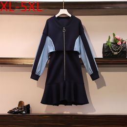 Plus Size XL-5XL Spring Elegant Women's Long Sleeve Two-tone Zipper Dress Female Casual Dresses S038 210428