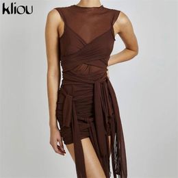 Kliou Ribbons Mesh See Through Bodycon Party Dresses Women Sexy Clubwear Mini Dress Solid Sleeveless Basic Female Outfits 210325