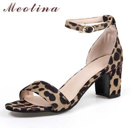 Meotina Women Shoes Leopard Mid Heels Sandals Ankle-Strap Thick Heel Female Shoes Buckle Round Toe Ladies Sandals Big Size 3-11 210608