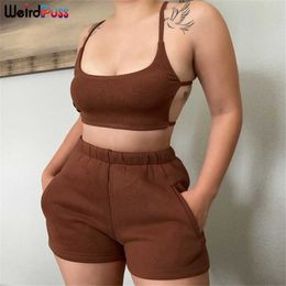 Weird Puss Casual Tracksuit Women Fitness Solid 2 Piece Set Tank Top+Biker Shorts Backless Stretchy Matching Hot Street Outfit Y0702