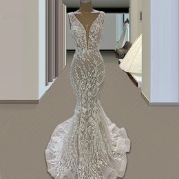 Modern Full Lace Sheer Neck Mermaid Wedding Gowns 2021 Plus Size Sweep Train Sexy Backless Robe De Marriage For Arabic Women