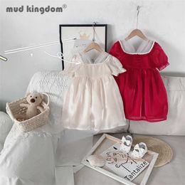 Mudkingdom Girls Satin Dress Mesh Pearls Puff Sleeve Square Collar Summer Princess Dresses for Toddler Short Sleeve Kids Clothes Q0716